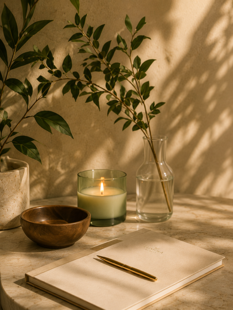 Minimal luxury wellness scene with candle, notebook, greenery, and soft natural lighting for Lumina Beauty contact page